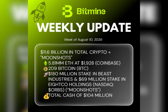 Bitmine Immersion Umumkan Kepemilikan ETH Mencapai 5,81 Juta Token, serta Kepemilikan Kripto dan Kas Sebesar $11,6 M
