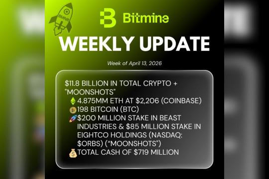 Bitmine Immersion Umumkan Kepemilikan ETH Capai 4,875 Juta Token dan Total Kepemilikan Kripto serta Uang Tunai $11 M