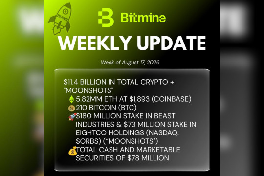 Bitmine Immersion Umumkan Kepemilikan ETH Capai 5,82 Juta Token, serta Total Kepemilikan Kripto dan Kas Sebesar $11,4 M