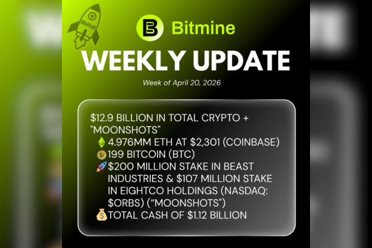 Bitmine Immersion Umumkan Kepemilikan ETH Capai 4,976 Juta Token dan Kepemilikan Kripto serta Uang Tunai Sebesar $12,9 M