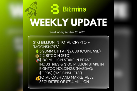 Bitmine Immersion Umumkan Kepemilikan ETH Capai 5,98 Juta Token, serta Total Kepemilikan Kripto dan Kas Sebesar $17,1 M
