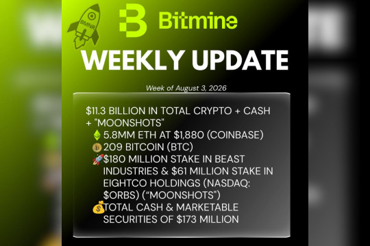 Bitmine Immersion Umumkan Kepemilikan ETH Mencapai 5,8 Juta Token, serta Kepemilikan Kripto dan Kas Sebesar $11,3 Miliar
